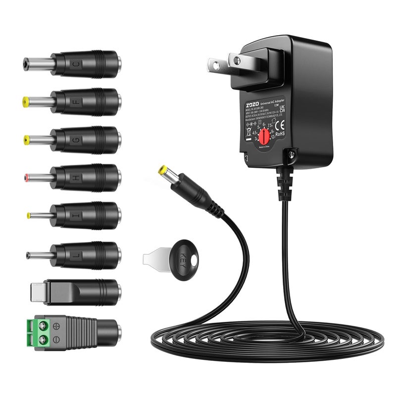 ZOZO Universal AC/DC Adapter 12W 3V 4.5V 5V 6V 7.5V 9V 12V Switching Power Supply Charger with 8 Tips 5.5x2.1mm 5.5x2.5mm Micro USB for Routers Speakers CCTV Cameras LED Strip Lights - Image 1